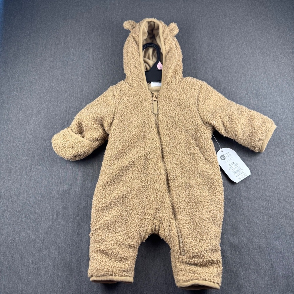 Wonder Nation Baby Teddy Fleece Pram Hooded Bunting Camel 0-3M NWT